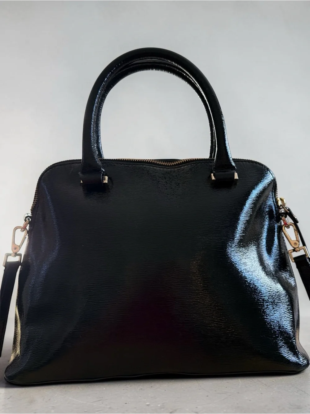 Kate Spade New York Black Patent Leather Satchel Crossbody Bag Zip Top Gold Logo